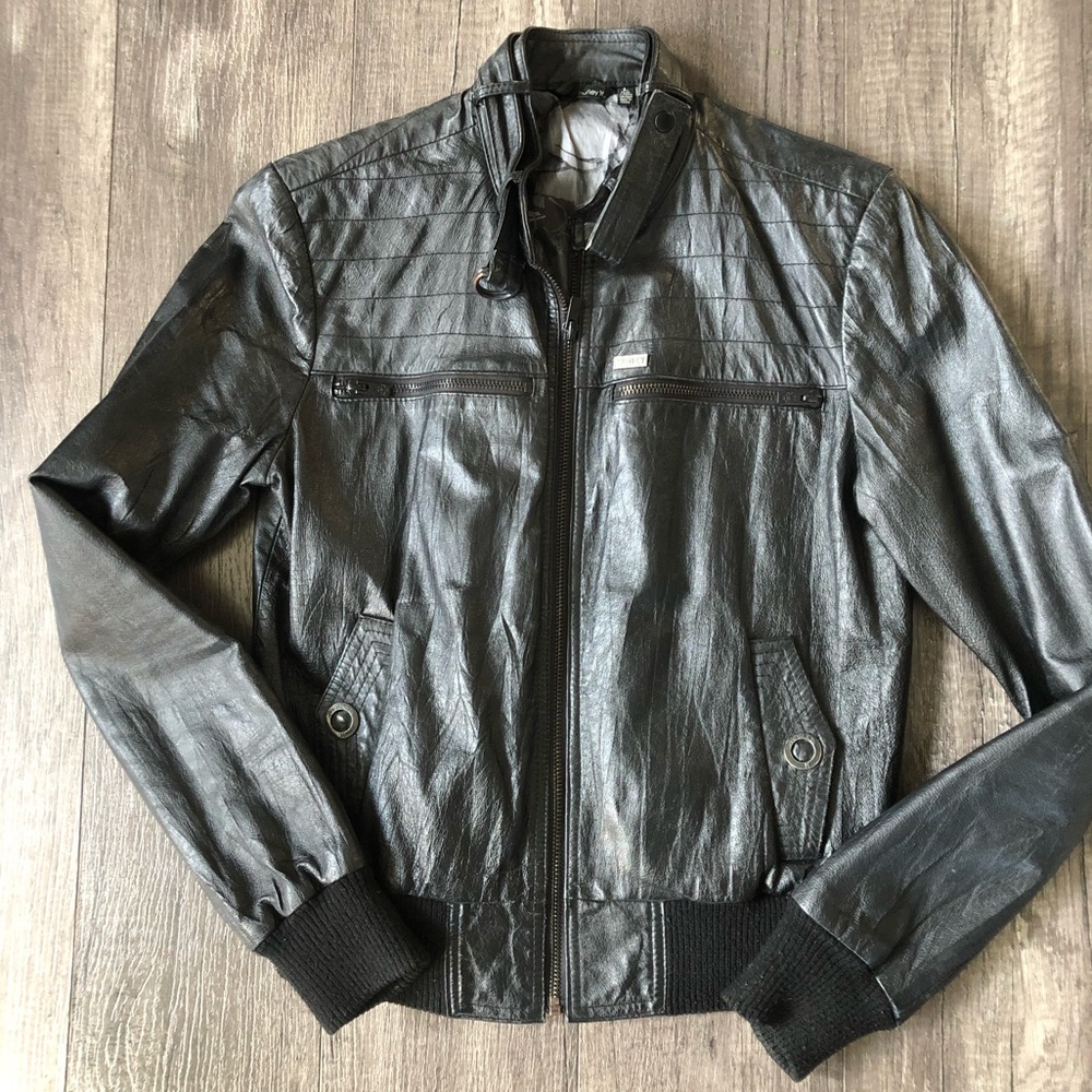 HURLEY Leather Moto Jacket. Black, Size L